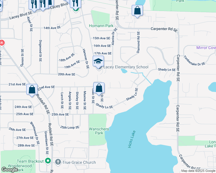 map of restaurants, bars, coffee shops, grocery stores, and more near 2131 Agate Court Southeast in Lacey
