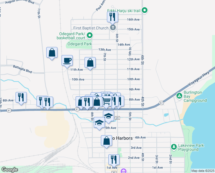 map of restaurants, bars, coffee shops, grocery stores, and more near 627 9th Avenue in Two Harbors