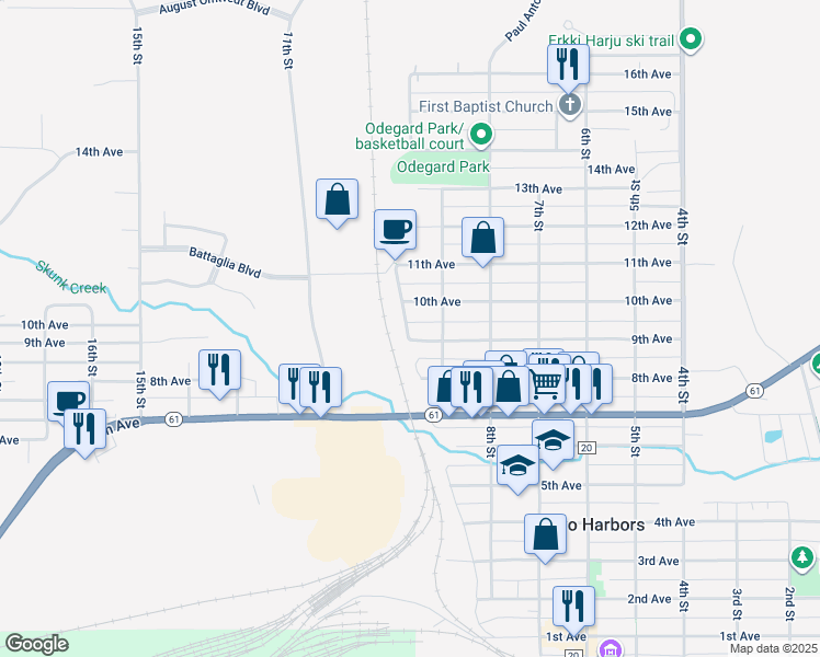 map of restaurants, bars, coffee shops, grocery stores, and more near 921 9th Avenue in Two Harbors