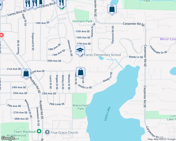 map of restaurants, bars, coffee shops, grocery stores, and more near 2131 Agate Court Southeast in Lacey