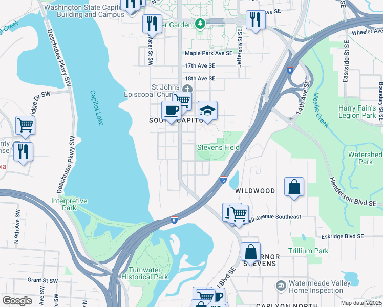 map of restaurants, bars, coffee shops, grocery stores, and more near 2319 Washington Street Southeast in Olympia