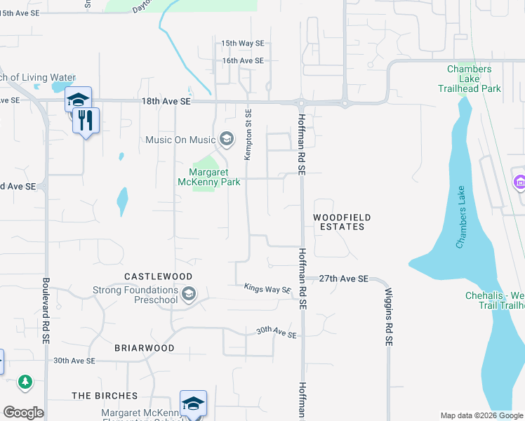 map of restaurants, bars, coffee shops, grocery stores, and more near 2307 Greenfield Street Southeast in Olympia