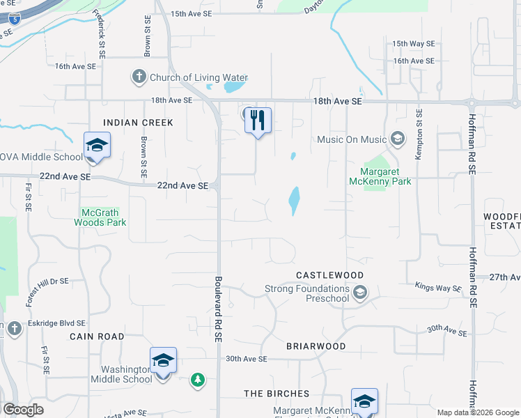 map of restaurants, bars, coffee shops, grocery stores, and more near 2308 Tandem Court Southeast in Olympia