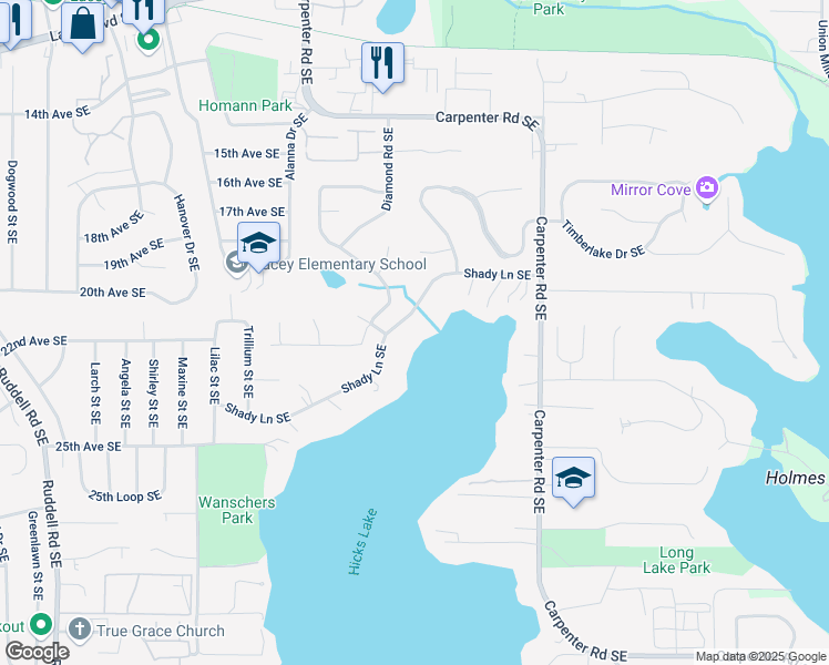 map of restaurants, bars, coffee shops, grocery stores, and more near 6421 Shady Lane Southeast in Lacey