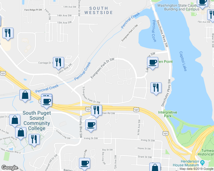 map of restaurants, bars, coffee shops, grocery stores, and more near 1415 Evergreen Park Drive in Olympia
