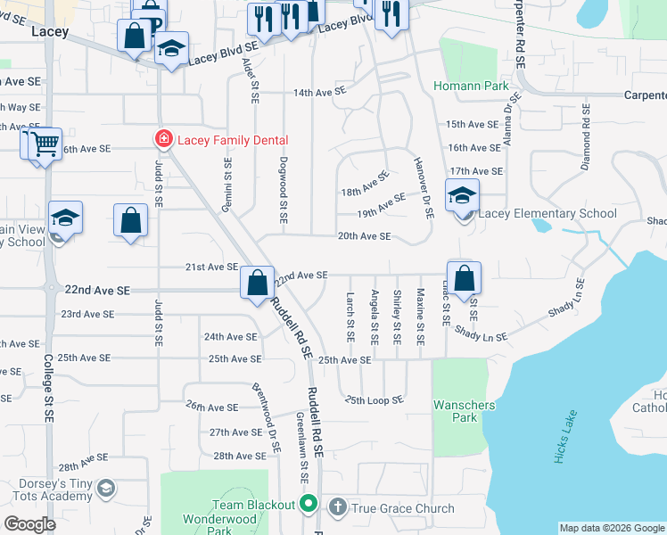 map of restaurants, bars, coffee shops, grocery stores, and more near 5504 22nd Avenue Southeast in Lacey