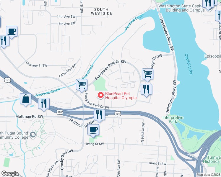 map of restaurants, bars, coffee shops, grocery stores, and more near 1415 Evergreen Park Drive Southwest in Olympia