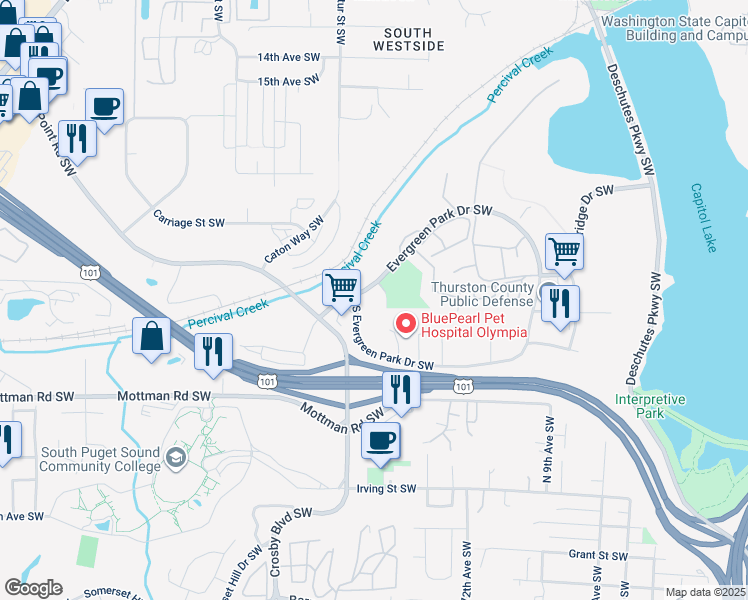 map of restaurants, bars, coffee shops, grocery stores, and more near 1475 Evergreen Park Drive Southwest in Olympia