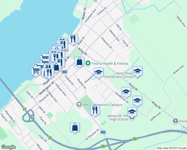 map of restaurants, bars, coffee shops, grocery stores, and more near Howard Street in Miramichi