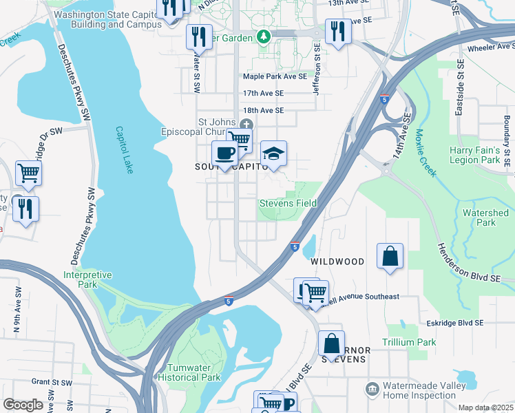 map of restaurants, bars, coffee shops, grocery stores, and more near 2319 Washington Street Southeast in Olympia
