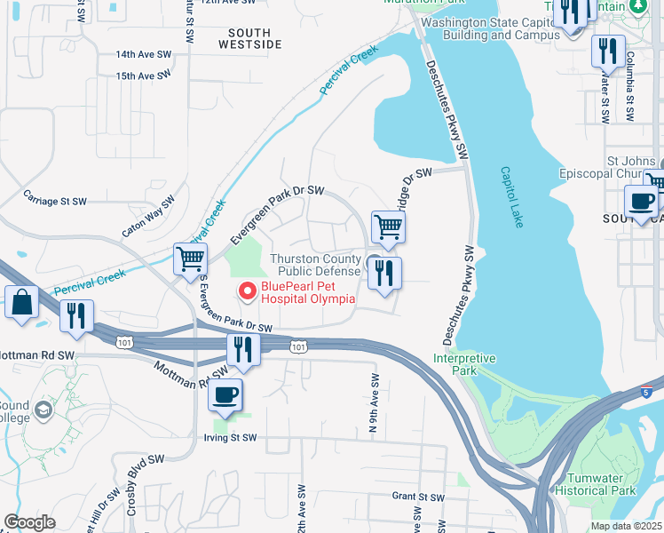 map of restaurants, bars, coffee shops, grocery stores, and more near 2405 Evergreen Park Drive Southwest in Olympia