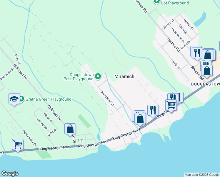 map of restaurants, bars, coffee shops, grocery stores, and more near 171 Carroll Street in Miramichi