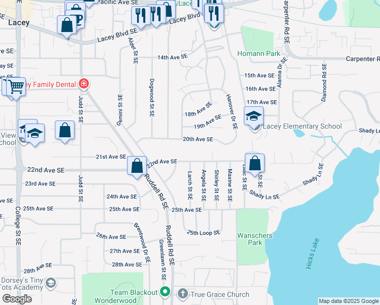 map of restaurants, bars, coffee shops, grocery stores, and more near 5504 22nd Avenue Southeast in Lacey