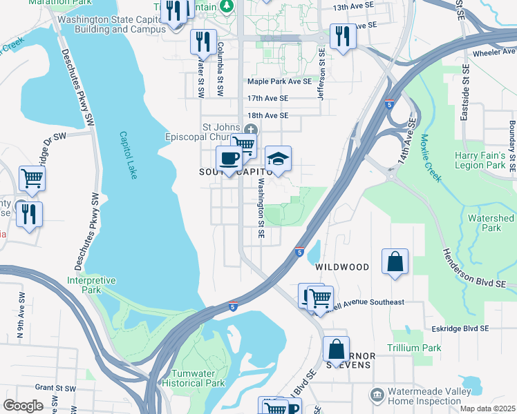 map of restaurants, bars, coffee shops, grocery stores, and more near 2319 Washington Street Southeast in Olympia