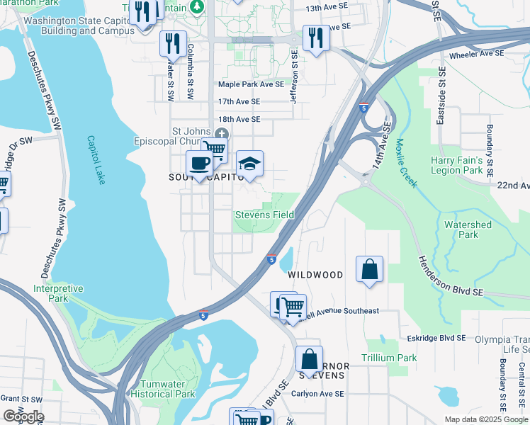 map of restaurants, bars, coffee shops, grocery stores, and more near 300 24th Avenue Southeast in Olympia