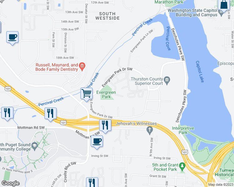 map of restaurants, bars, coffee shops, grocery stores, and more near 1417 Evergreen Park Drive Southwest in Olympia