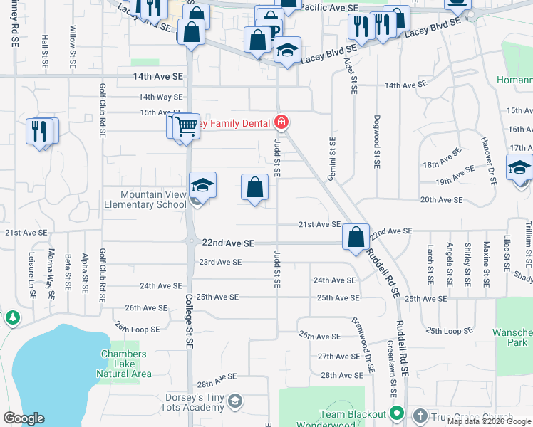 map of restaurants, bars, coffee shops, grocery stores, and more near 4905 21st Avenue Southeast in Lacey