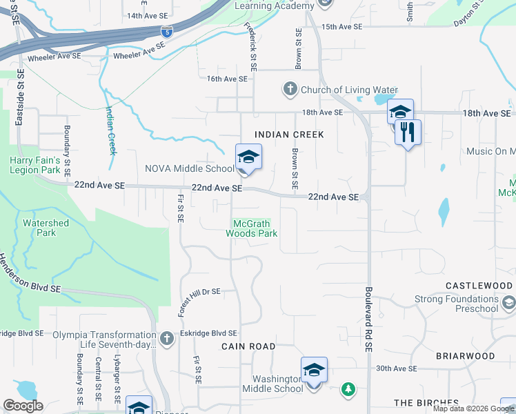 map of restaurants, bars, coffee shops, grocery stores, and more near 2300 Cain Road Southeast in Olympia