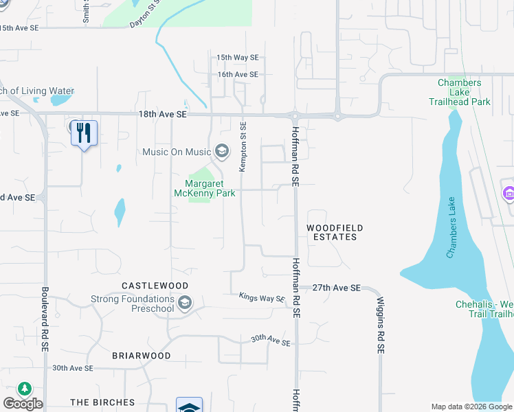 map of restaurants, bars, coffee shops, grocery stores, and more near 2307 Greenfield Court Southeast in Olympia
