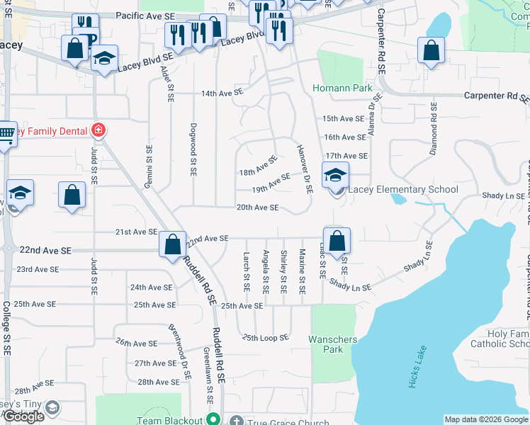 map of restaurants, bars, coffee shops, grocery stores, and more near 5711 20th Avenue Southeast in Lacey