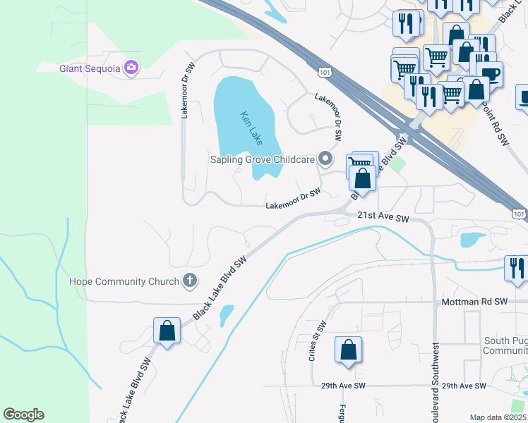 map of restaurants, bars, coffee shops, grocery stores, and more near 2036 Lakemoor Drive Southwest in Olympia