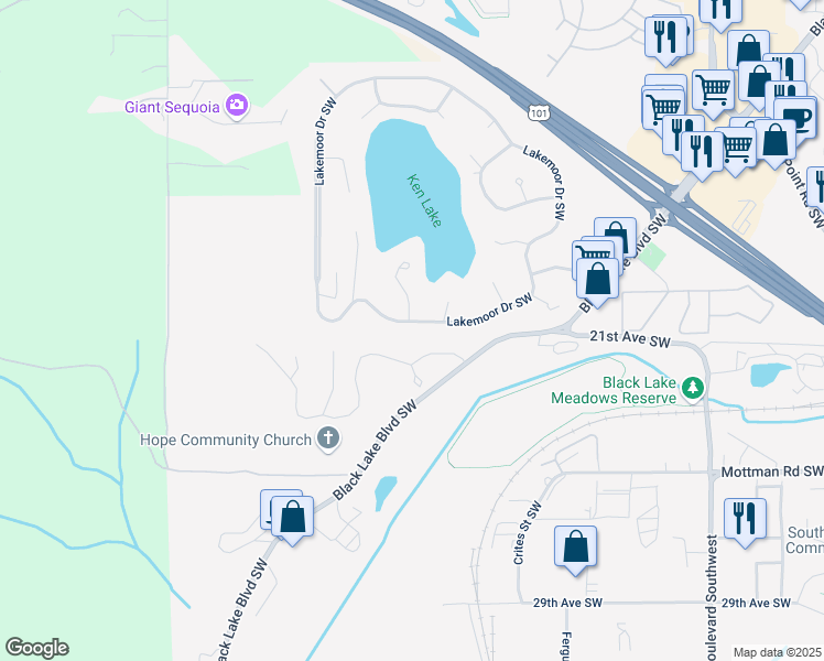 map of restaurants, bars, coffee shops, grocery stores, and more near 2054 Lakemoor Drive Southwest in Olympia