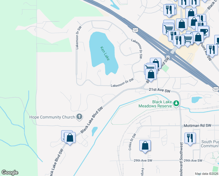 map of restaurants, bars, coffee shops, grocery stores, and more near 2036 Lakemoor Drive Southwest in Olympia