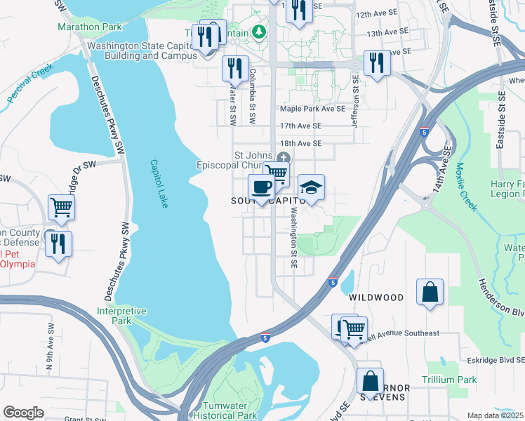 map of restaurants, bars, coffee shops, grocery stores, and more near 108 22nd Avenue Southwest in Olympia