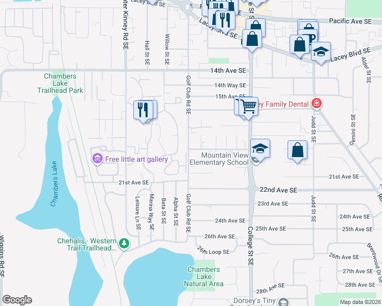 map of restaurants, bars, coffee shops, grocery stores, and more near 1912 Woodland Court Southeast in Lacey