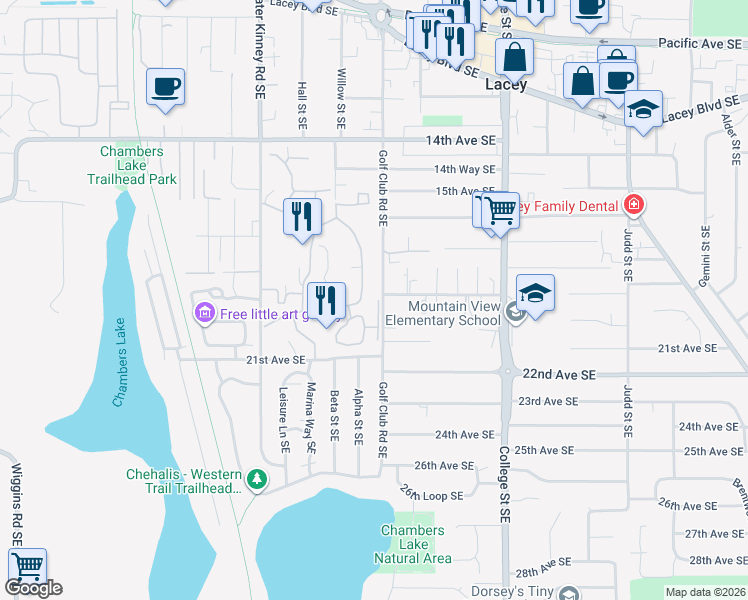 map of restaurants, bars, coffee shops, grocery stores, and more near 1912 Woodland Court Southeast in Lacey