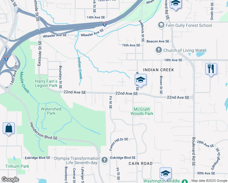 map of restaurants, bars, coffee shops, grocery stores, and more near in Olympia