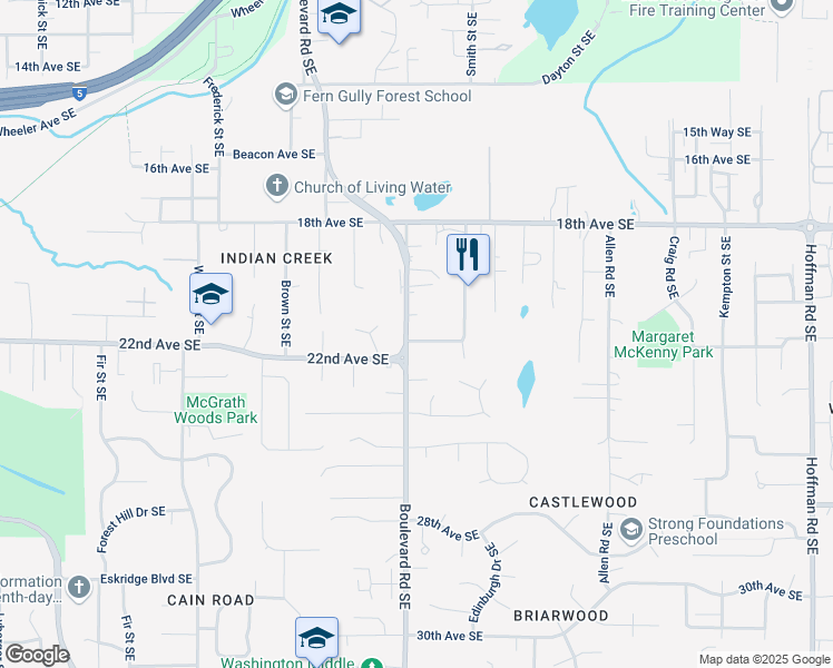 map of restaurants, bars, coffee shops, grocery stores, and more near 2602 Karen Frazier Road Southeast in Olympia