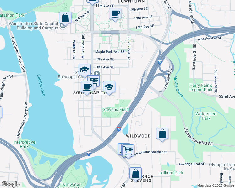 map of restaurants, bars, coffee shops, grocery stores, and more near 2113 Adams Street Southeast in Olympia
