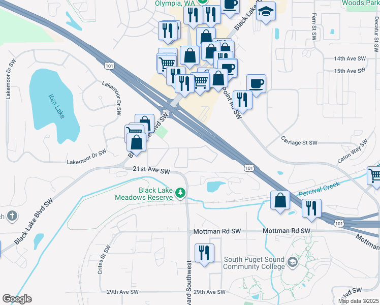 map of restaurants, bars, coffee shops, grocery stores, and more near 1900 Black Lake Boulevard Southwest in Olympia