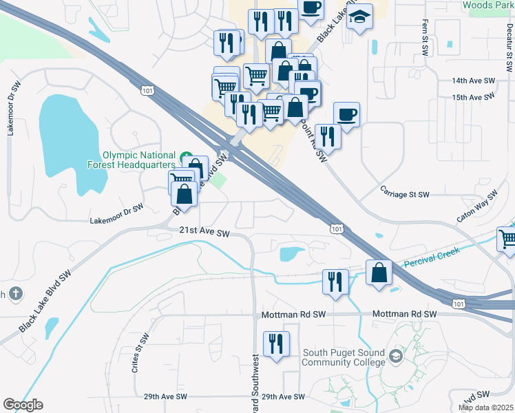 map of restaurants, bars, coffee shops, grocery stores, and more near 1900 Black Lake Boulevard Southwest in Olympia