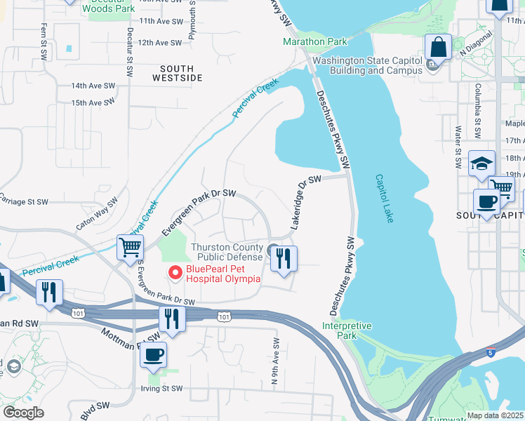 map of restaurants, bars, coffee shops, grocery stores, and more near 2100 Evergreen Park Drive Southwest in Olympia