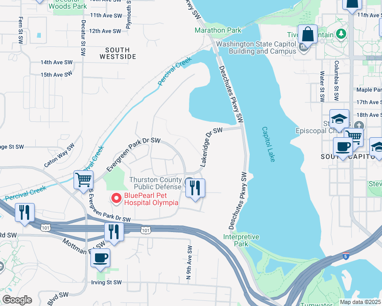 map of restaurants, bars, coffee shops, grocery stores, and more near 2100 Evergreen Park Drive in Olympia