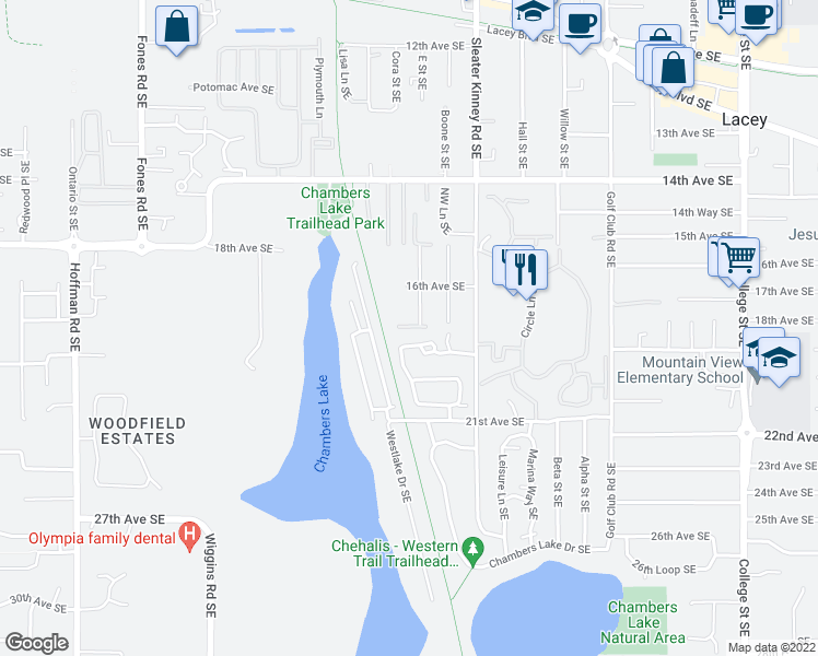map of restaurants, bars, coffee shops, grocery stores, and more near 1705 Magnolia Street Southeast in Lacey