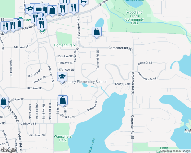 map of restaurants, bars, coffee shops, grocery stores, and more near 1706 Diamond Road Southeast in Olympia