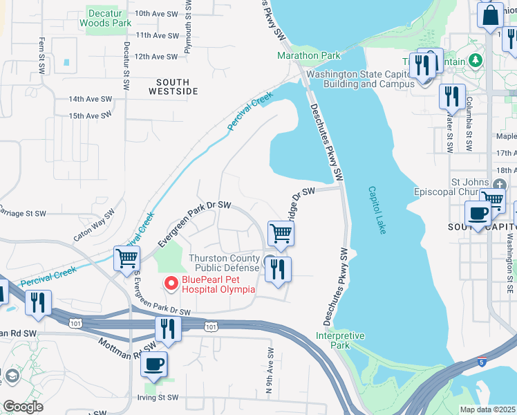 map of restaurants, bars, coffee shops, grocery stores, and more near 1910 Evergreen Park Drive Southwest in Olympia