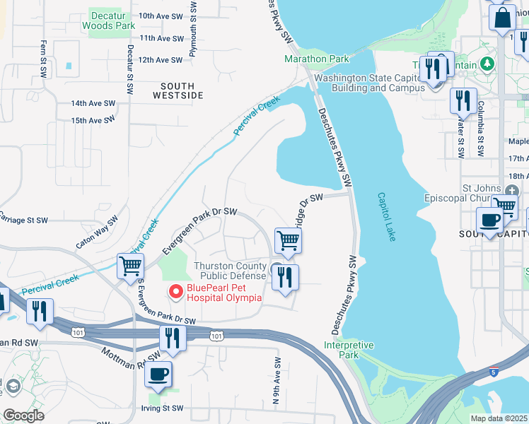 map of restaurants, bars, coffee shops, grocery stores, and more near 1910 Evergreen Park Drive Southwest in Olympia