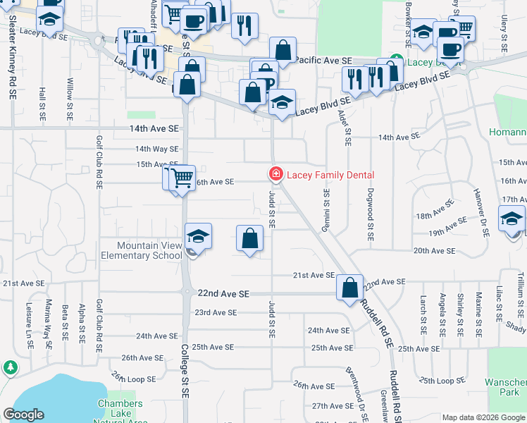 map of restaurants, bars, coffee shops, grocery stores, and more near 1615 Judd Street Southeast in Lacey