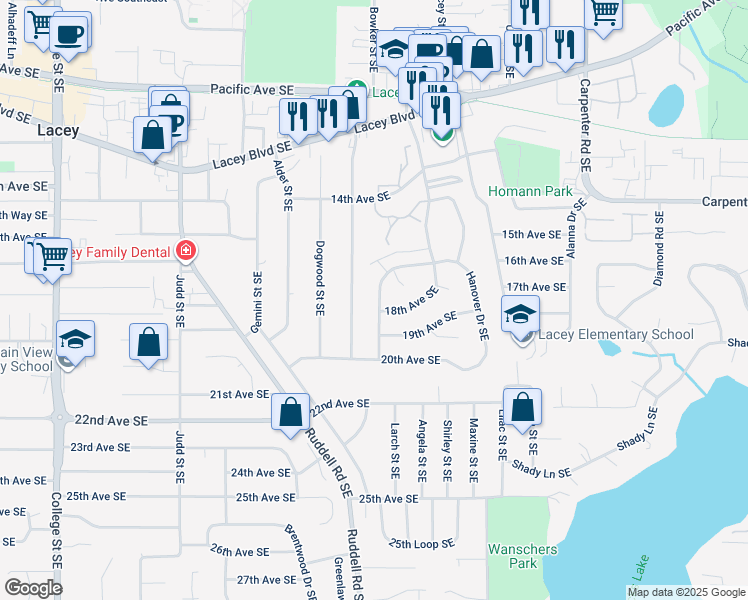 map of restaurants, bars, coffee shops, grocery stores, and more near 1703-A/B Sulky Drive Southeast in Olympia