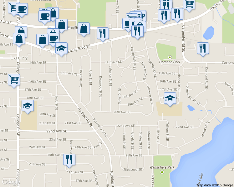map of restaurants, bars, coffee shops, grocery stores, and more near 1703-A/B Sulky Drive Southeast in Olympia