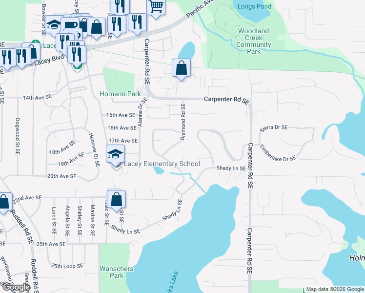 map of restaurants, bars, coffee shops, grocery stores, and more near 1706 Diamond Road Southeast in Olympia
