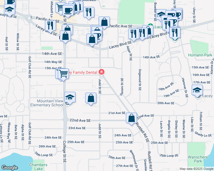 map of restaurants, bars, coffee shops, grocery stores, and more near 5018-5024 18th Avenue Southeast in Lacey