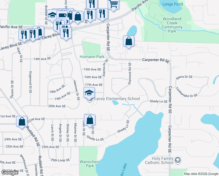 map of restaurants, bars, coffee shops, grocery stores, and more near 1721 Diamond Loop Southeast in Olympia