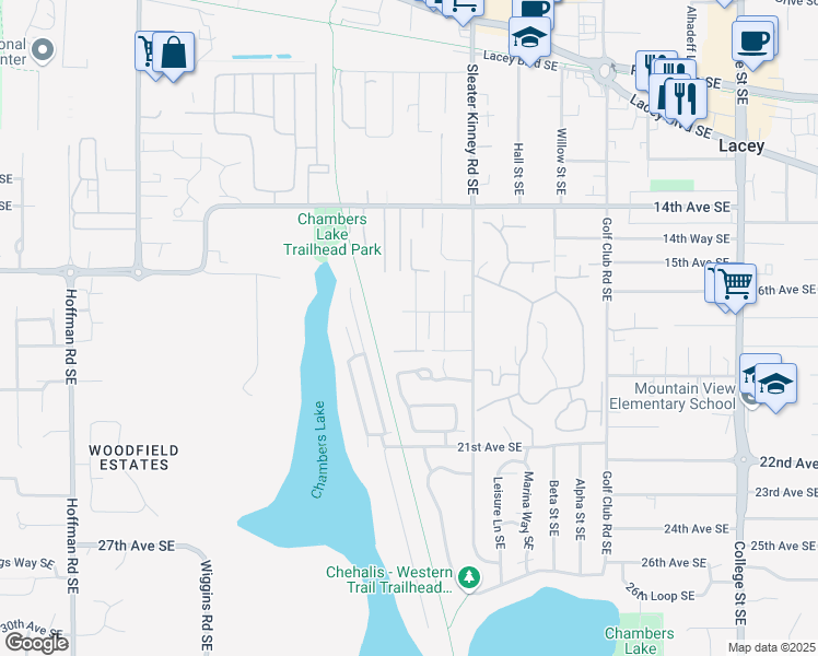 map of restaurants, bars, coffee shops, grocery stores, and more near 1705 Magnolia Street Southeast in Lacey