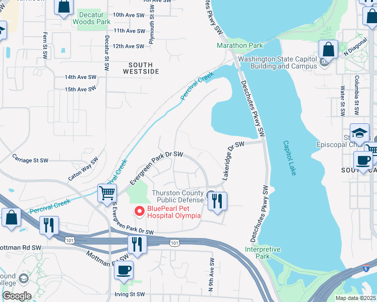 map of restaurants, bars, coffee shops, grocery stores, and more near 1818 Evergreen Park Drive Southwest in Olympia