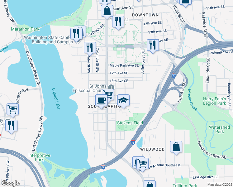 map of restaurants, bars, coffee shops, grocery stores, and more near 1916 Washington Street Southeast in Olympia